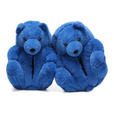 Imagem de YUESAI Pantufas de ursinho de pelúcia, fofas de Natal, quentes, fofas, felpudas, macias, fofas, animais, mulheres, meninas, para uso interno, A06 - Azul, 5.5-9.5 Women/5-8.5 Men