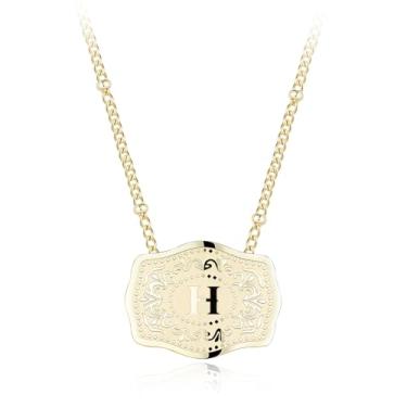 Imagem de Colar com pingente de letra inicial banhado a ouro 14K com fivela de cinto em relevo, compre 1 e ganhe 2 correntes, colar personalizado para mulheres, 18 inches +2 inches extender, Liga de aço, Sem