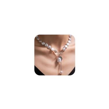 Imagem de Colar gargantilha de pérolas barrocas irregulares com contas boho para mulheres, delicada, grossa, dourada, fivela OT, pérolas brancas, contas, moeda, disco, pingente Y, One Size, Metal, Sem Pedra