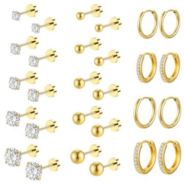 Imagem de Brincos hipoalergênicos com costas planas para mulheres e homens, brincos de aço cirúrgico para orelhas sensíveis, ouro 14K, pequenos brincos de argola de aço inoxidável, conjunto de brincos de