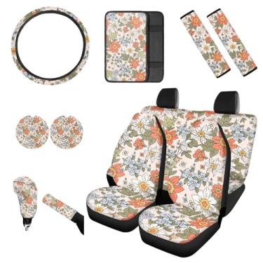 Imagem de gearider Conjunto de capas de assento de carro com 12 peças, flores, capa de volante, almofada de cinto de segurança, almofada de apoio de braço automático, conjunto de capa de botão de mudança de