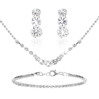 Imagem de Sibba Conjunto de joias de prata para mulheres com colar de cristal de strass, brincos e pulseiras, conjuntos de casamento, noivas, damas de honra, brinco, acentos, decoração de baile de formatura