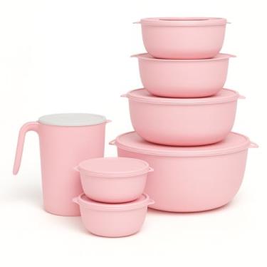 Imagem de Kit Jogo De Potes Bowl, Redondo Cozinha Tapoer Livre Bpa, Rosa, 7 Peças, com Jarra Medidora