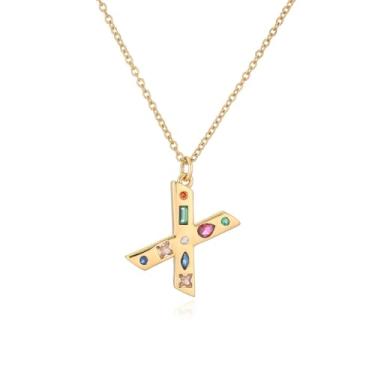 Imagem de LuvQaze Colar de zircônia colorida com inicial para mulheres, banhado a ouro 18 quilates, colar com pingente de letra e presente de aniversário para namorada, esposa, mãe, filha, Small, Cobre, Sem