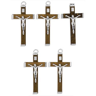 Imagem de Pingente de crucifixo de madeira tradicional para colar ou rosário - Pacote com 5 (marrom)