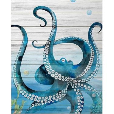 Imagem de Kits de pintura por números mundo subaquático monstro do mar polvo coral, pintura a óleo faça você mesmo para adultos, iniciantes, quadro de madeira, arte de parede em tela para casa para sala de