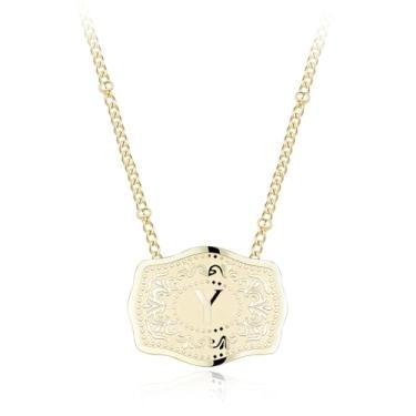 Imagem de Colar com pingente de letra inicial banhado a ouro 14K com fivela de cinto em relevo, compre 1 e ganhe 2 correntes, colar personalizado para mulheres, 18 inches +2 inches extender, Liga de aço, Sem