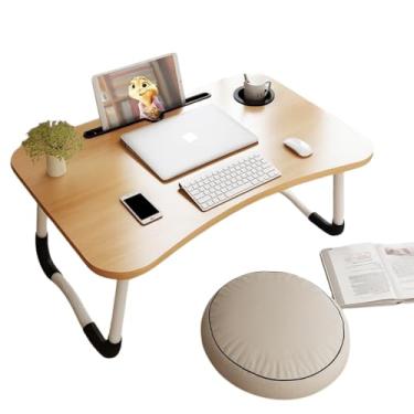 Imagem de Mesa para Notebook Portátil Dobrável com Suporte para Tablet, Porta-Copos e Porta-Caneta – Madeira e Aço Inox – Multifuncional e Resistente