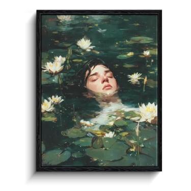 Imagem de Retrato flutuante com nenúfares arte de parede, sonho acordado em lagoa serena, decoração de parede impressionista, impressão em tela emoldurada com acabamento fosco, arte de pôster estético, para