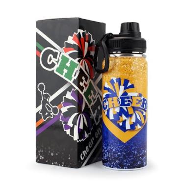 Imagem de BMHHTM Garrafa de água Cheer para meninas 510 g, garrafa esportiva isolada de aço inoxidável com alça, presente de líder de torcida a granel para presentes de time (azul marinho)