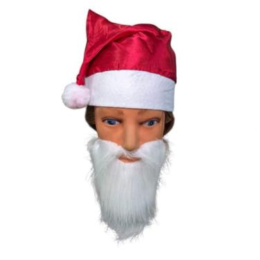 Imagem de Kit 3 Fantasias Barba falsa branca pelucia + 3 Gorros noel