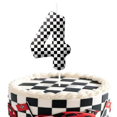 Imagem de Velas de aniversário número 4 de carros de corrida, preto e branco, com tema de bandeira quadriculada para meninos e meninas, decorações de bolo para aniversários, suprimentos de festa com tema de