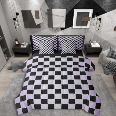 Imagem de Erosebridal Jogo de cama de solteiro xadrez preto com 7 peças, lilás e roxo acinzentado, ombré em uma bolsa, buffalo, xadrez, para crianças e adultos, conjunto de cama de guingão
