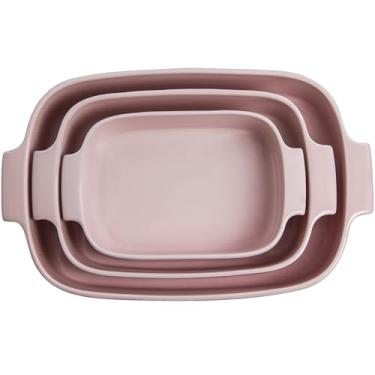 Imagem de Germer, Kit com 3 peças de travessa retangular em porcelana, modelo assar ou servir, 1 28X19cm / 1 30X21cm / 1 37x26cm, Rosa