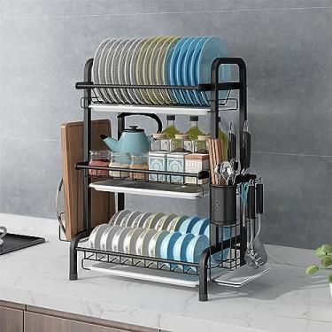 Imagem de BSNANCA Escorredor de pratos de 3 níveis, escorredor de pratos antiferrugem de aço inoxidável 304 com bandeja coletora - escorredor de pratos de cozinha com suporte removível de talheres, organizador