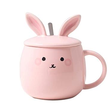 Imagem de Caneca de desenho animado coelho com tampa colher de cerâmica xícara de café da manhã caneca fofa estudante casal caneca de café xícara de café xícara de café