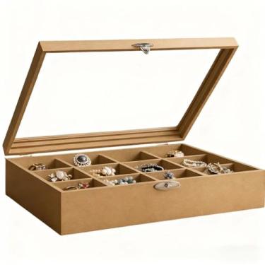Imagem de Porta Joias - Organizador com Tampo de Vidro e 12 Compartimentos Internos, 31x23x7cm | Porta Joias Organizadora Sofisticado
