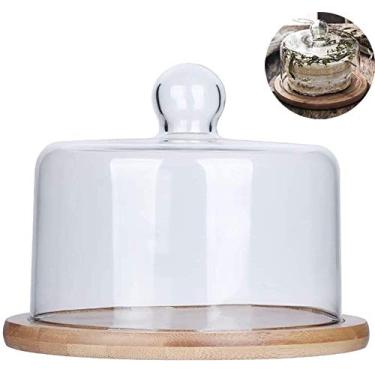 Imagem de Suportes de bolo para mesa de sobremesa de bolo de casamento bandeja de sobremesa de madeira de bambu com tampa de vidro transparente família chá da tarde frutas suporte de exibição bandeja de