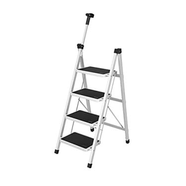 Imagem de Escadas dobráveis de 4 degraus com alça única telescópica escada multiuso comporta até 150 kg Escadas dobráveis para cozinha escada resistente (cor: preto) (branco)