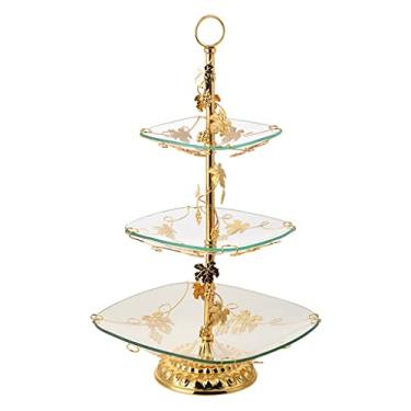 Imagem de Suporte de bolo prato de frutas de vidro temperado de metal estilo europeu três camadas retrô elegante hotel casa sala de estar prato de frutas bandeja de frutas (cor: ouro tamanho: tamanho único)