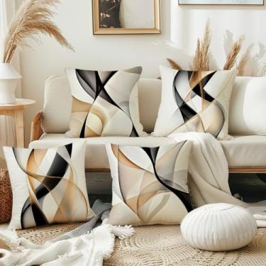 Imagem de LSMIAO Capa de almofada geométrica abstrata moderna, 45 x 45 cm, ouro preto branco, 100% poliéster, zíper oculto, conjunto de 4