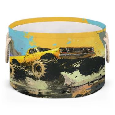 Imagem de Cesta grande redonda de armazenamento Monster Truck, círculo amarelo, organizador de brinquedos, dobrável, com alça, cesto de roupa suja para sala de estar, lavanderia, berçário, quarto, caixa de