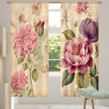 Imagem de 2 conjuntos de painéis de flores peônia vintage Papanicolau cortinas transparentes arejadas com filtro leve painéis de cortina leve cortina de porta janela para sala de estar, quarto, jantar, 84