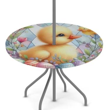 Imagem de hongjinglin Toalha de mesa de Páscoa para uso ao ar livre com orifício para guarda-chuva, toalha de mesa redonda elástica com zíper, impermeável, limpável, para piquenique, festa, pátio, serve para