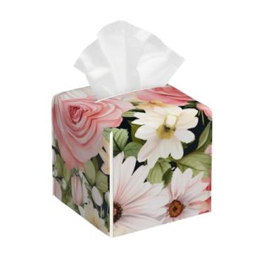 Imagem de Porta-lenços de papel quadrado de couro à prova d'água flor rosa branco retrô organizador de papel facial com cinto inferior cubo estojo de lenços para mesa, banheiro, escritório, mesa, carro