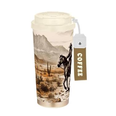 Imagem de SEHANY Caneca de viagem vintage caubói ocidental 482 g xícaras de café reutilizáveis revestidas de cerâmica com tampa à prova de vazamento, parede dupla, isolamento a vácuo, copo de café de aço