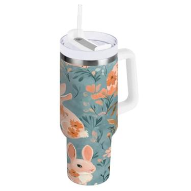 Imagem de ATTX Copo de coelho da Páscoa de 1,134 g com alça, copo de aço inoxidável a vácuo de parede dupla com palha, caneca de café de viagem isolada #236