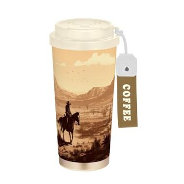Imagem de SEHANY Caneca de viagem vintage caubói ocidental 482 g xícaras de café reutilizáveis revestidas de cerâmica com tampa à prova de vazamento, parede dupla, isolamento a vácuo, copo de café de aço