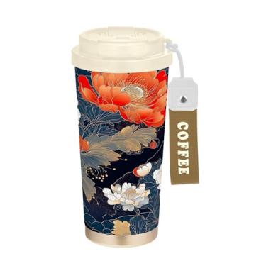 Imagem de SEHANY Caneca de viagem Pretty Peony Flowers 482 g Copos de café reutilizáveis revestidos de cerâmica com tampa à prova de vazamento, parede dupla, isolamento a vácuo, copo de café de aço inoxidável