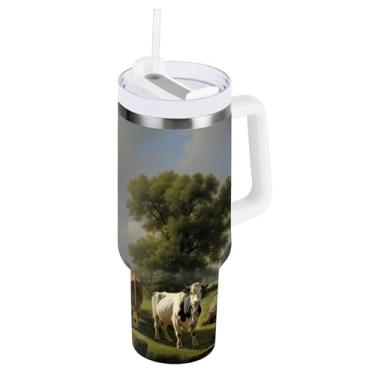 Imagem de xigua Copo Highland Cow de 850 g com tampa e canudo, aço inoxidável de vácuo duplo isolado garrafa de água esportiva suporte para copo de café de viagem à prova de vazamento para bebida gelada