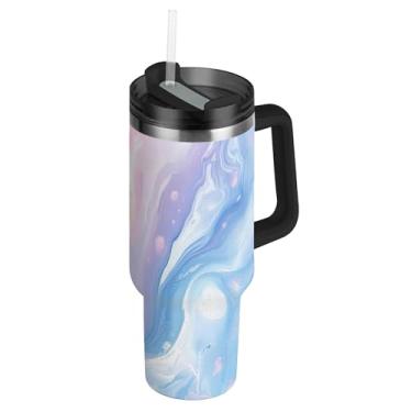 Imagem de SEHANY Copo colorido com padrão de mármore 1,134 g com tampa e canudo, aço inoxidável de vácuo duplo isolado garrafa de água esportiva suporte para copo de café de viagem à prova de vazamento para