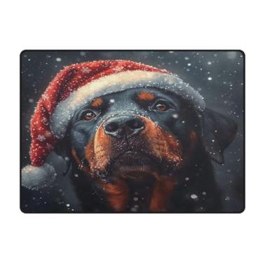 Imagem de Blueangle Tapetes de Natal laváveis de 10 x 13 cm para sala de estar - Tapete de área ultrafino macio antiderrapante resistente a manchas com rottweiler em um chapéu de Natal estampado decoração de