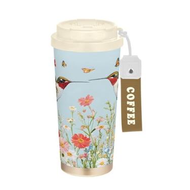 Imagem de SEHANY Caneca de viagem de pássaro colorida de 482 g Copos de café reutilizáveis revestidos de cerâmica com tampa à prova de vazamento, parede dupla, copo de café de aço inoxidável isolado a vácuo