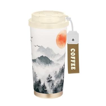 Imagem de SEHANY Caneca de viagem com paisagem de montanha em aquarela de 482 g, copos de café reutilizáveis revestidos de cerâmica com tampa à prova de vazamento, parede dupla, isolamento a vácuo, copo de café