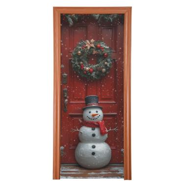 Imagem de ATTX Linda capa de porta de boneco de neve de Natal, decoração de porta de Natal, placa de decoração de festa de Natal de tecido grande para porta da frente, decorações de varanda (81 x 200 cm) #160