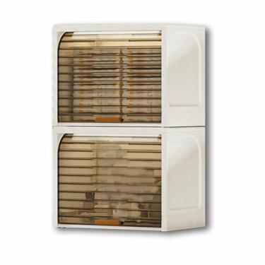 Imagem de SPXMQSS Caixa de armazenamento com tampa, caixas de armazenamento dobráveis de plástico transparente com porta de persiana, caixas de armazenamento empilháveis com polia para cozinha, quarto