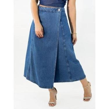 Imagem de Saia Jeans Feminina Midi Evasê Transpassada Anticorpus-Feminino