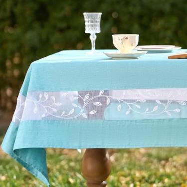 Imagem de youngseahome Toalha de mesa de tecido resistente com borda de renda bordada requintada - à prova d'água/resistente a vincos - para jantar, interior e exterior, casamento, férias, azul aqua, retangular