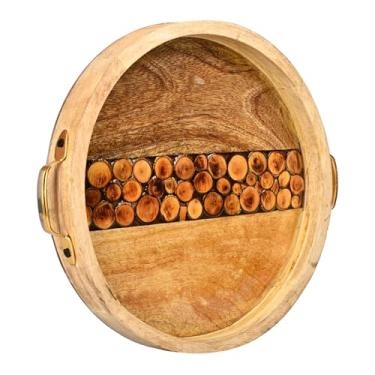 Imagem de Bandeja de mesa de centro vintage redonda com alças bandeja de servir otomana de madeira antiga bandeja de chá tamanho 30 cm redonda