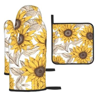 Imagem de Conjunto de cozinha essencial de 3 peças com estampa de girassóis, luvas resistentes ao calor e alça de tampa, proteção para churrasco no forno, design de armazenamento suspenso.