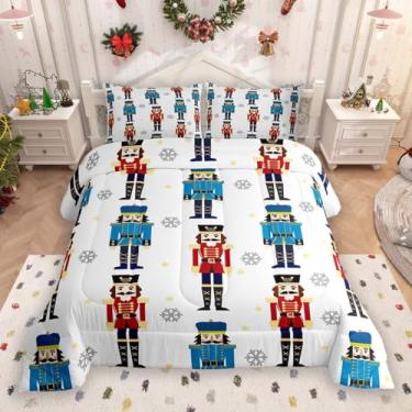 Imagem de Feelyou Jogo de cama solteiro, quebra-nozes de Natal para meninos e meninas, solteiro, neve, preto, vermelho, azul, microfibra, soldado, madeira, brinquedo, decoração de quarto, férias de inverno, com