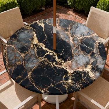 Imagem de COTAIL Toalha de mesa redonda para uso ao ar livre com zíper e orifício para guarda-chuva, toalha de mesa elástica à prova d'água a óleo para pátio, piquenique, acampamento, jardim, serve para mesa