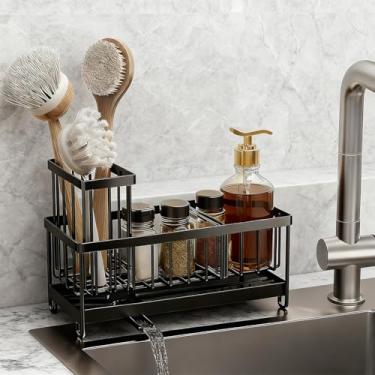 Imagem de Suporte de esponja para pia de cozinha, suporte autoadesivo para pia com suporte de escova autodrenante, organizador de aço inoxidável para esponja, escova, sabão (atualizado)