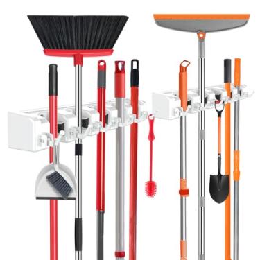 Imagem de nacena Suporte de parede para vassoura, 2 pacotes de ferramentas brancas de jardim e organizador de armário utilitário para esfregão e gancho de vassoura montado na parede, organizador de vassoura e