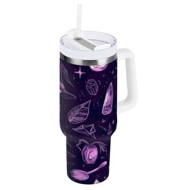 Imagem de STAYTOP Copo de chapéu de bruxa e vassoura de Halloween de 850 g com tampa e palha, copo isolado de aço inoxidável durável à prova de vazamento com alça, garrafas de água à prova de derramamento para