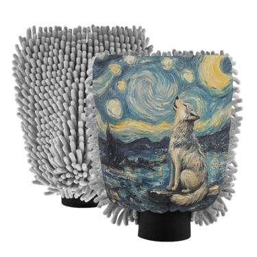 Imagem de STAYTOP Luvas de lavagem de carro Wolf Under The Moonlight, 2 peças, luvas de microfibra de chenille, sem arranhões, panos de esponja de lavagem ultra absorventes para carros, limpeza doméstica - G